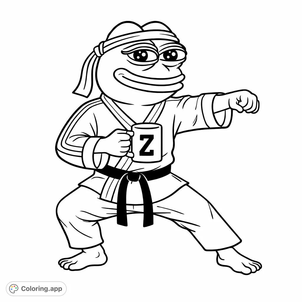 A determined frog character in a martial arts gi strikes a powerful pose while holding a mug. A fun and unique coloring page.