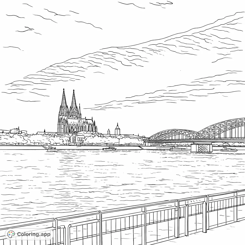 Color a magnificent European cityscape featuring a grand Gothic cathedral, an iconic arched bridge, and a bustling river scene with detailed architecture and subtle sky textures.