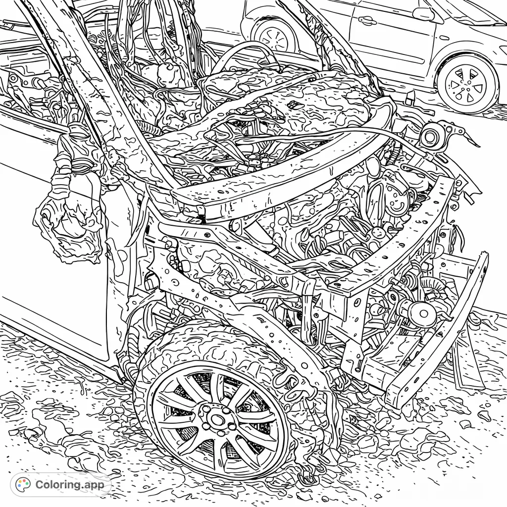 Explore a detailed scene of a heavily damaged vehicle, showcasing intricate exposed mechanics and scattered debris. A challenging coloring page for realism enthusiasts.