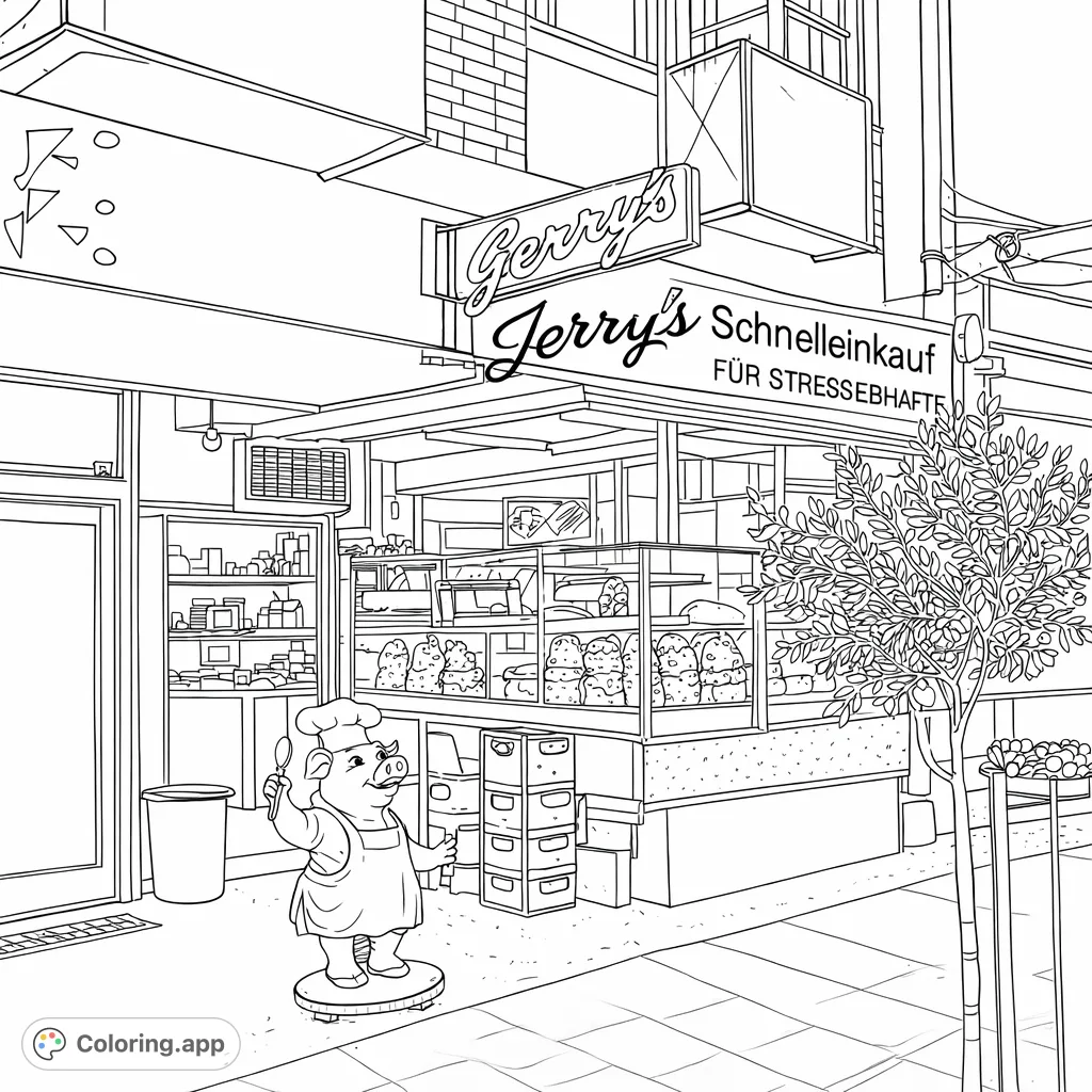 Color a charming street scene featuring a delightful pig statue in a chef's outfit, a bustling shop, and an inviting urban backdrop. Perfect for all ages!
