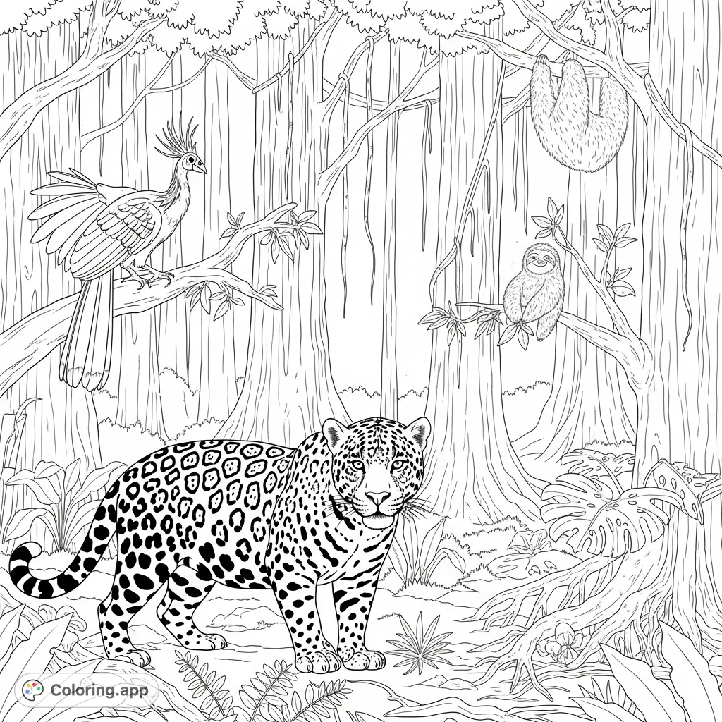 A captivating Iwokrama forest scene featuring a majestic jaguar, a unique hoatzin, and a distant sloth amidst lush foliage and ancient trees.