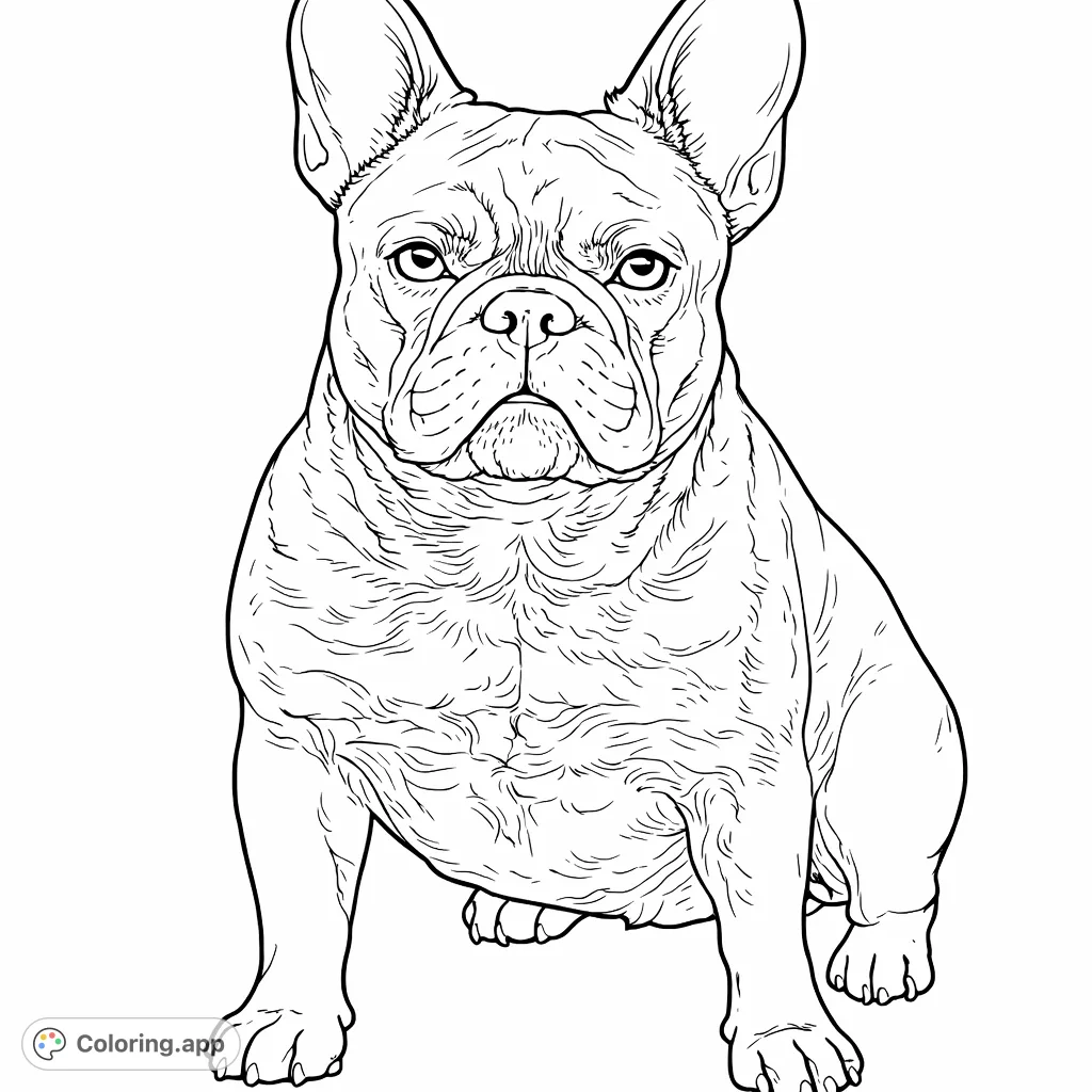 A delightful French Bulldog coloring page, seated attentively with its characteristic features and unique coat patterns, ready for your artistic touch.