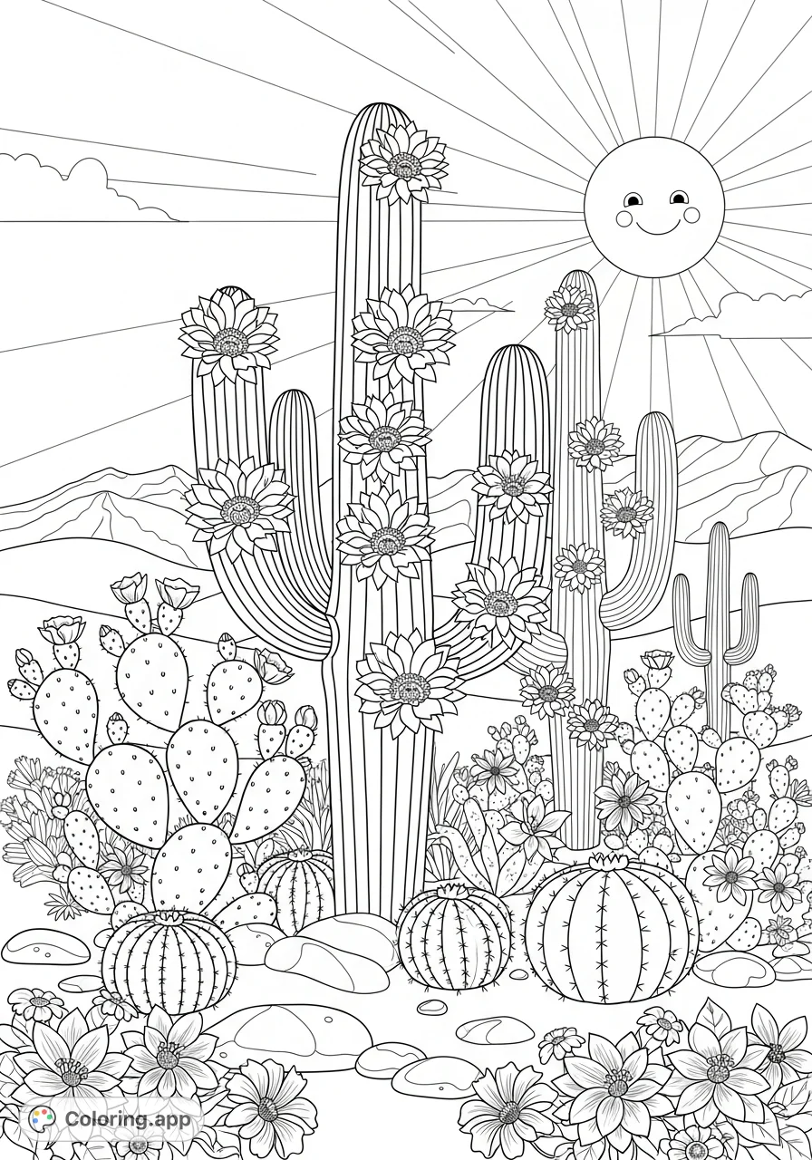 Explore a vibrant desert landscape coloring page featuring towering saguaro cacti in bloom, prickly pear, barrel cacti, desert flowers, and a cheerful smiling sun.