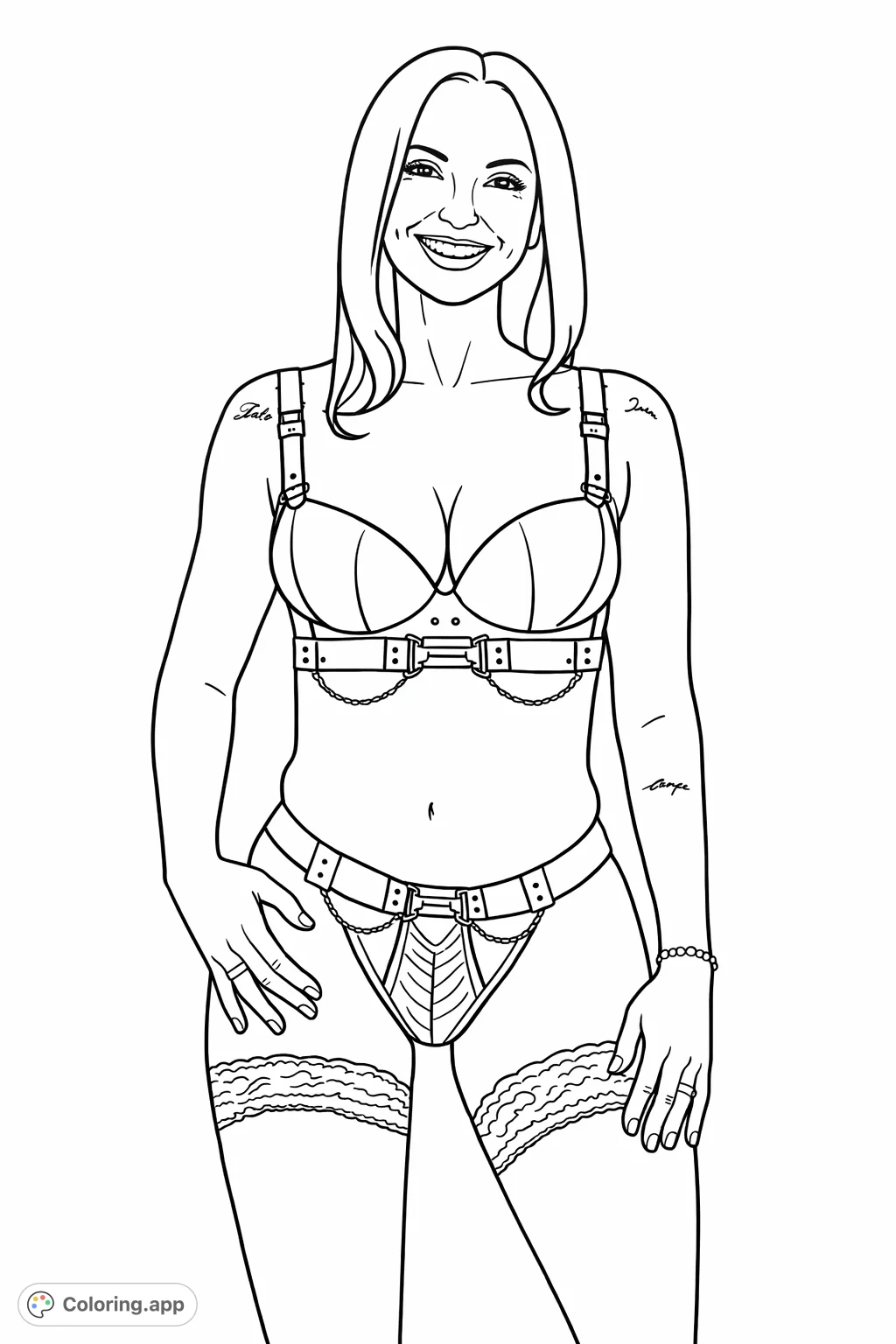 Color a confident woman in a structured undergarment set featuring buckles, chains, and lace details. A bold and sophisticated adult coloring page.