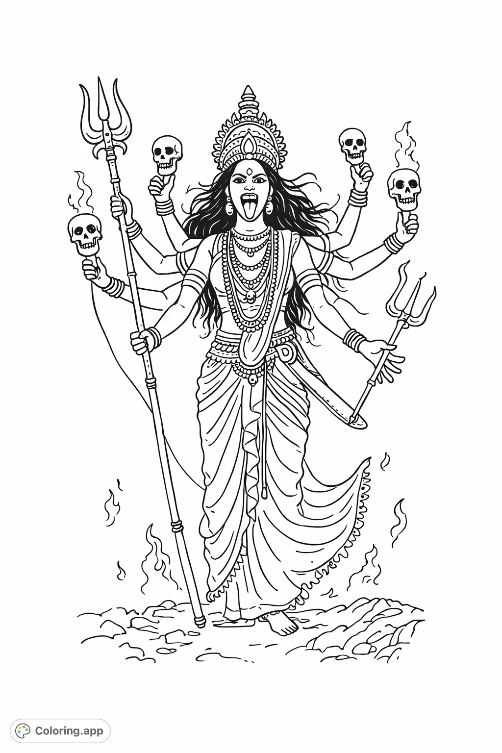 A powerful multi-armed goddess stands amidst a dramatic landscape, adorned with intricate jewelry and holding symbolic objects. Perfect for spiritual exploration.