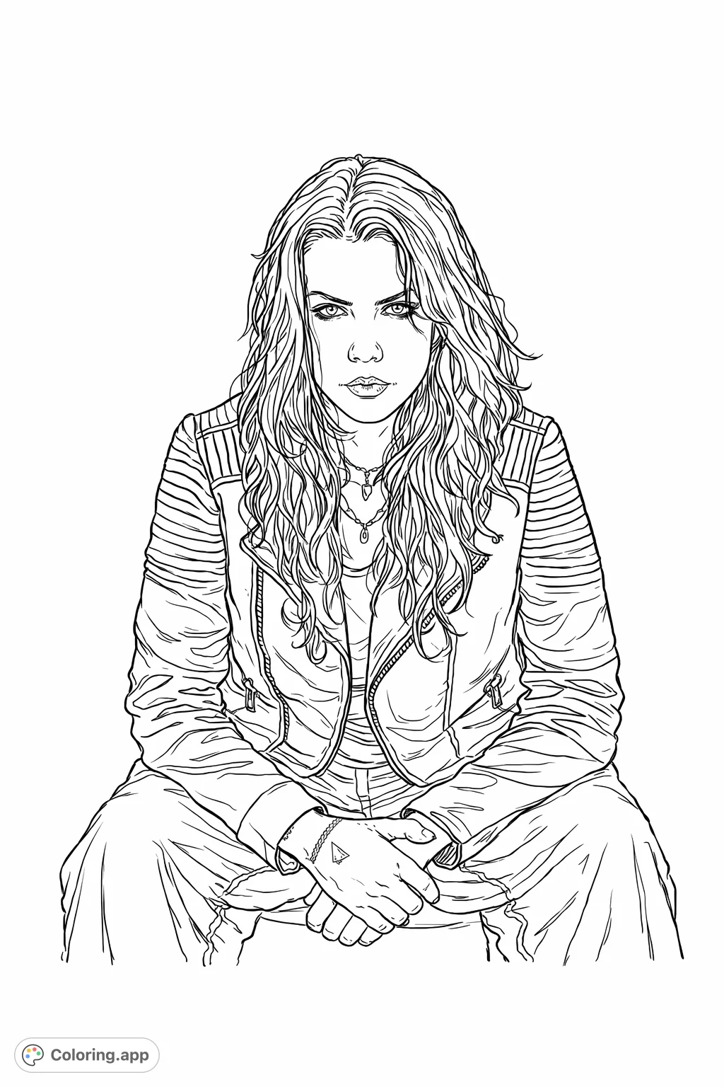 An expressive portrait coloring page featuring a person with long wavy hair, a detailed biker jacket, and intricate tattoos. Perfect for adult colorists.