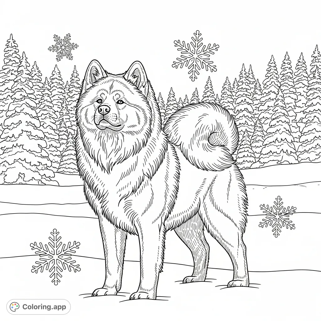 Color a majestic long-haired Akita, Yeti, amidst a peaceful snow-laden pine forest. Detailed fur, snowflakes, and serene winter scenery await your creativity.