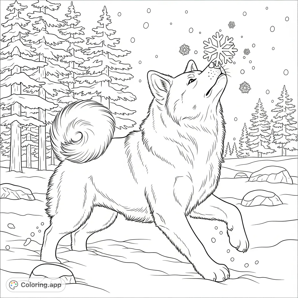 A delightful Akita, Yeti, leaps playfully through snow, catching snowflakes. Features pine trees and boulders, perfect for a joyful coloring experience.