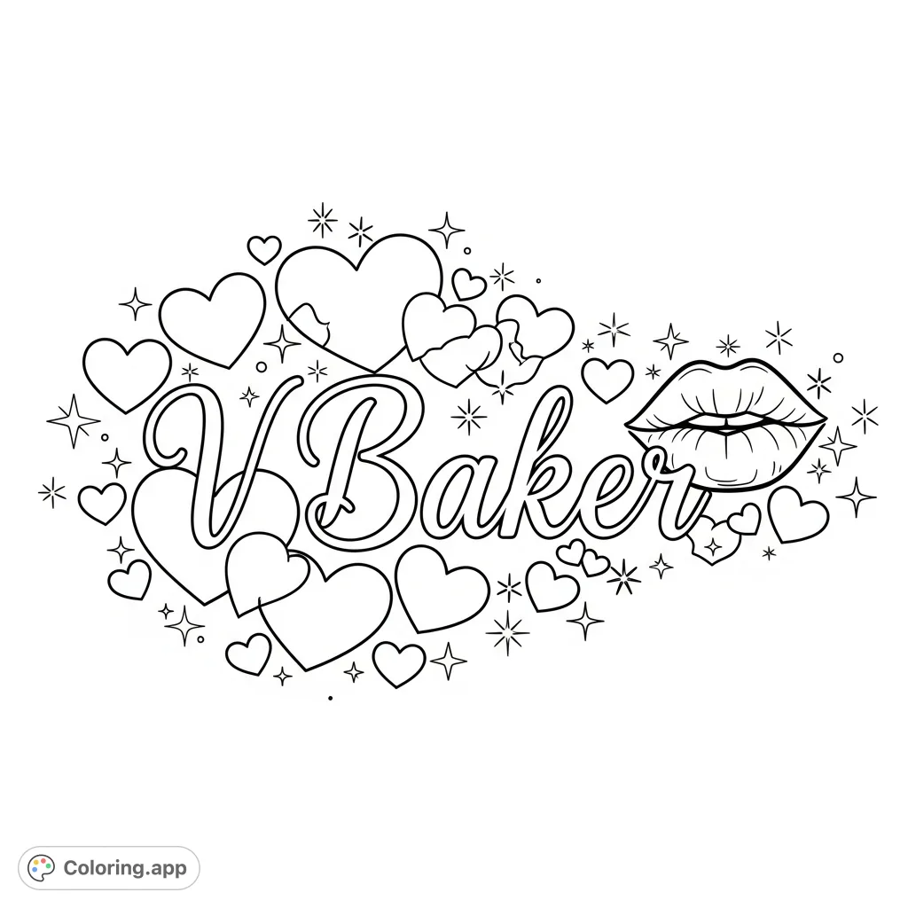 A delightful "V Baker" coloring page featuring elegant cursive text, playful hearts, kissing lips, and shimmering sparkles for a personalized touch.