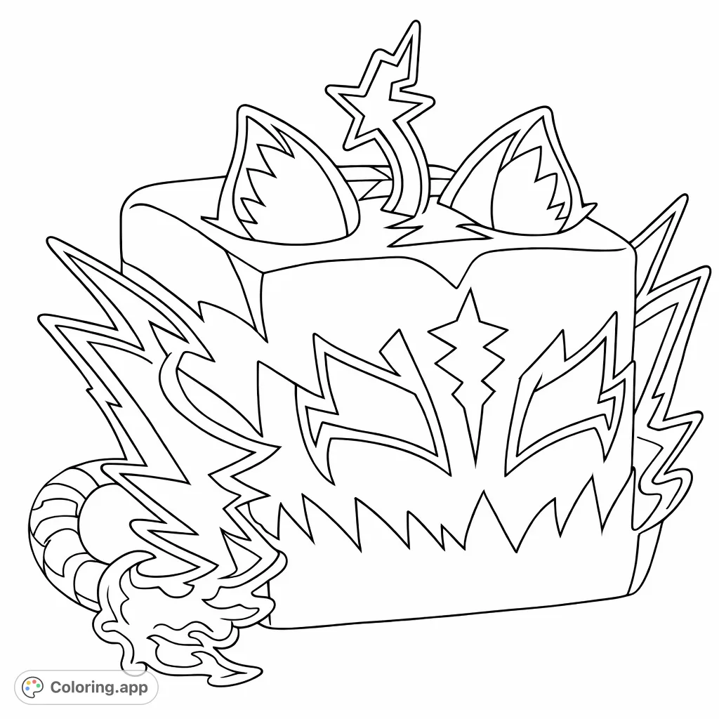 Color this dynamic cuboid creature, featuring tiger-like stripes, lightning bolt details, and fiery elements. Unleash your creativity on this unique character.
