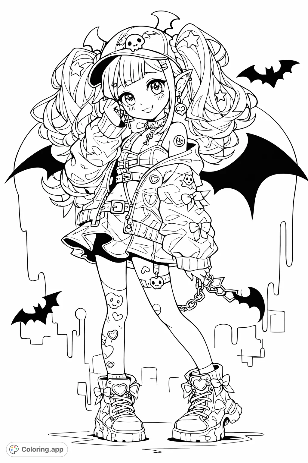 A stylized character with bat wings, platform boots, and patterned attire, set against a backdrop of flying bats. Perfect for fashion and fantasy fans.