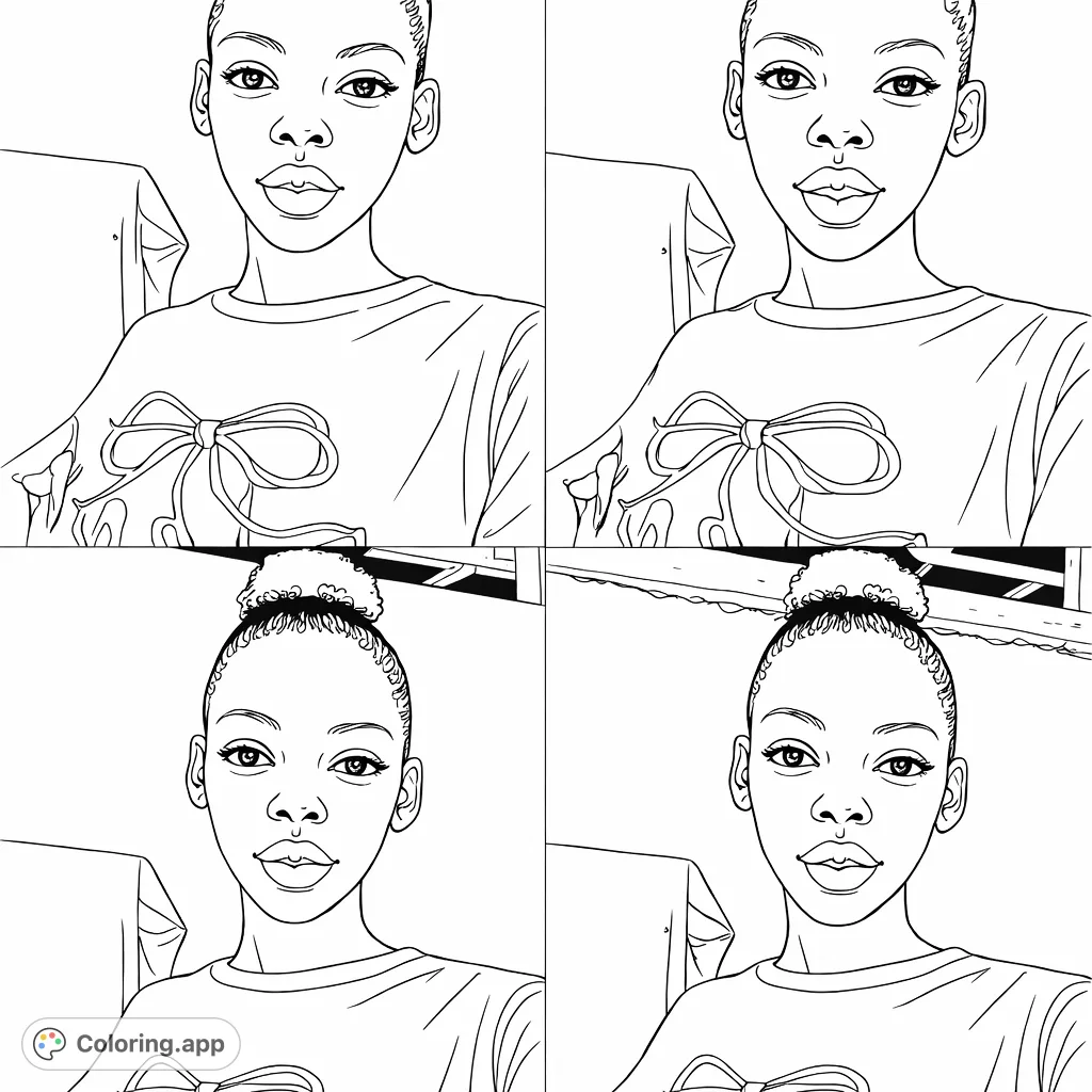 Explore expressive portraits featuring a young person in four distinct poses, showcasing a stylish bow design on their shirt. A captivating and detailed page for all ages.