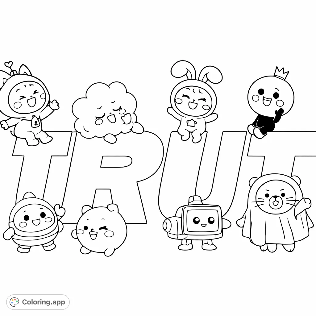 Delightful coloring page featuring eight cute, stylized characters with joyful expressions interacting with large "TRUST" letters. Perfect for fans of whimsical designs.