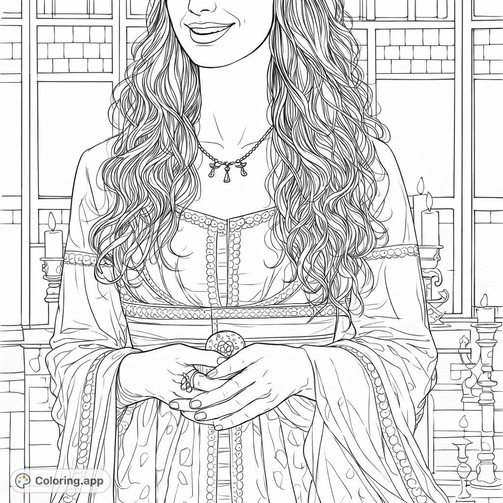 A regal maiden in a historically inspired gown, featuring intricate patterns, flowing hair, and delicate jewelry. Perfect for a detailed coloring experience.