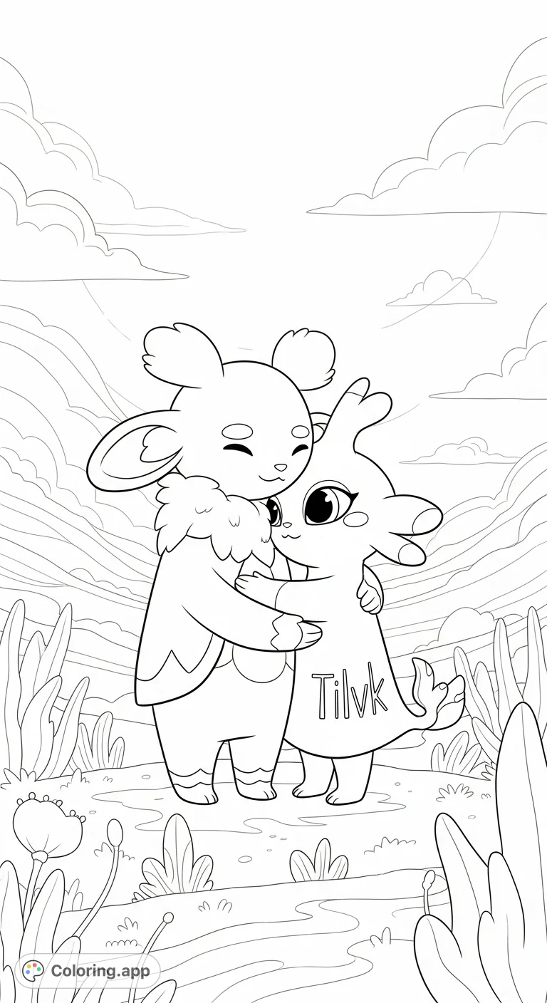 Delightful Hugsand and Tilvk share a tender embrace in a dreamlike setting, perfect for a whimsical creature coloring page. A free printable scene for all ages.