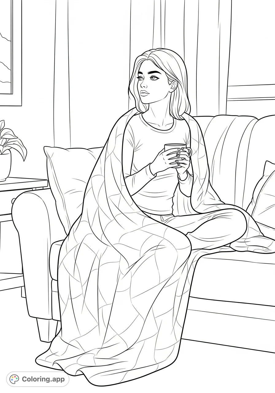 A woman on a cozy love seat, wrapped in a blanket, holds a cup while lost in thought. A poignant scene for adult coloring pages.