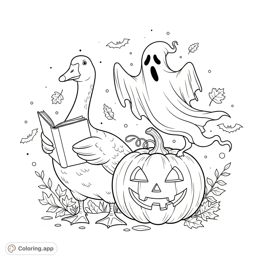 A whimsical Halloween decor scene featuring a silly goose reading near a carved pumpkin, while a playful spooky ghost dances by. Perfect for festive fun!
