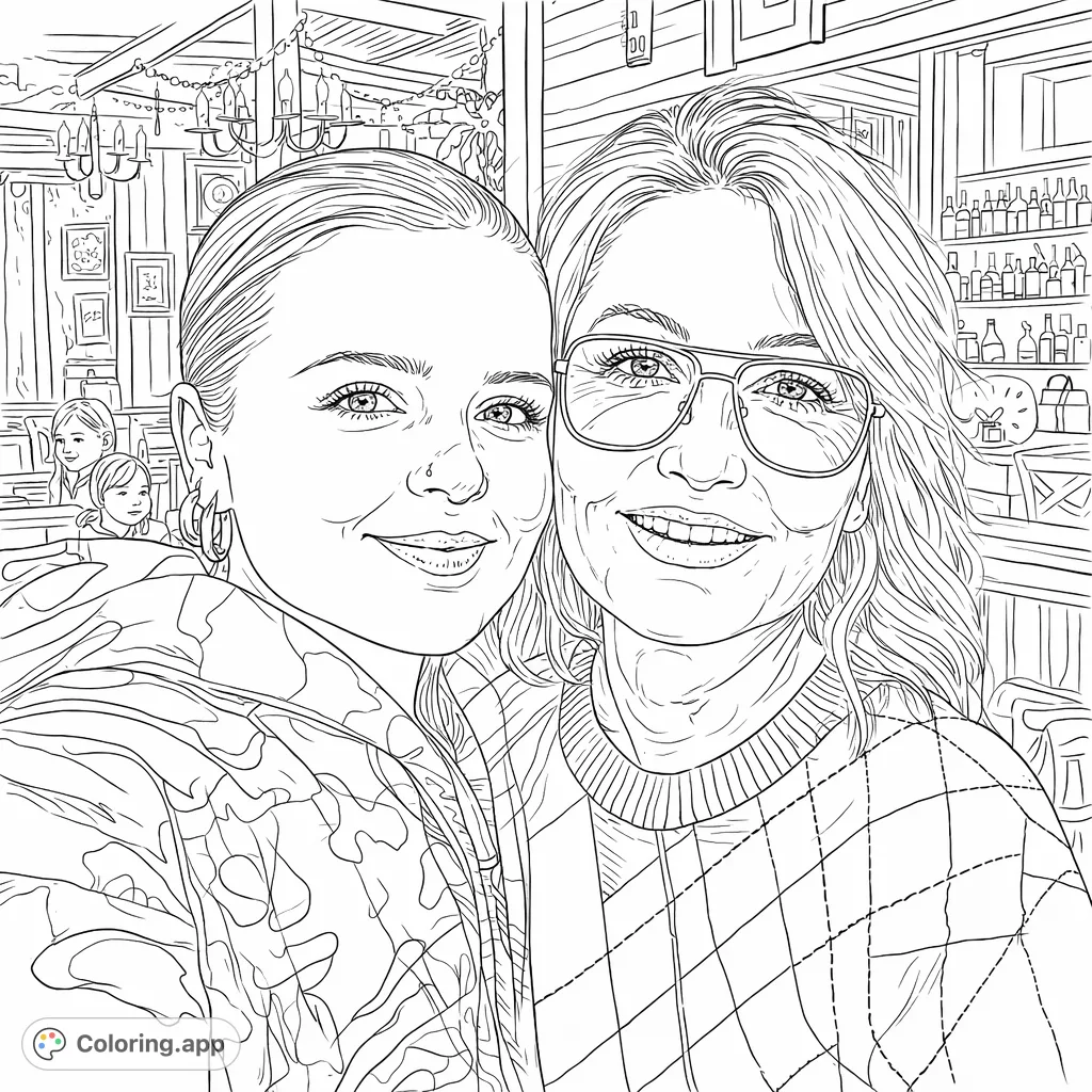 Capture a moment of connection with two women in a rustic setting. Features detailed patterns on clothing, a charming background, and expressive faces.