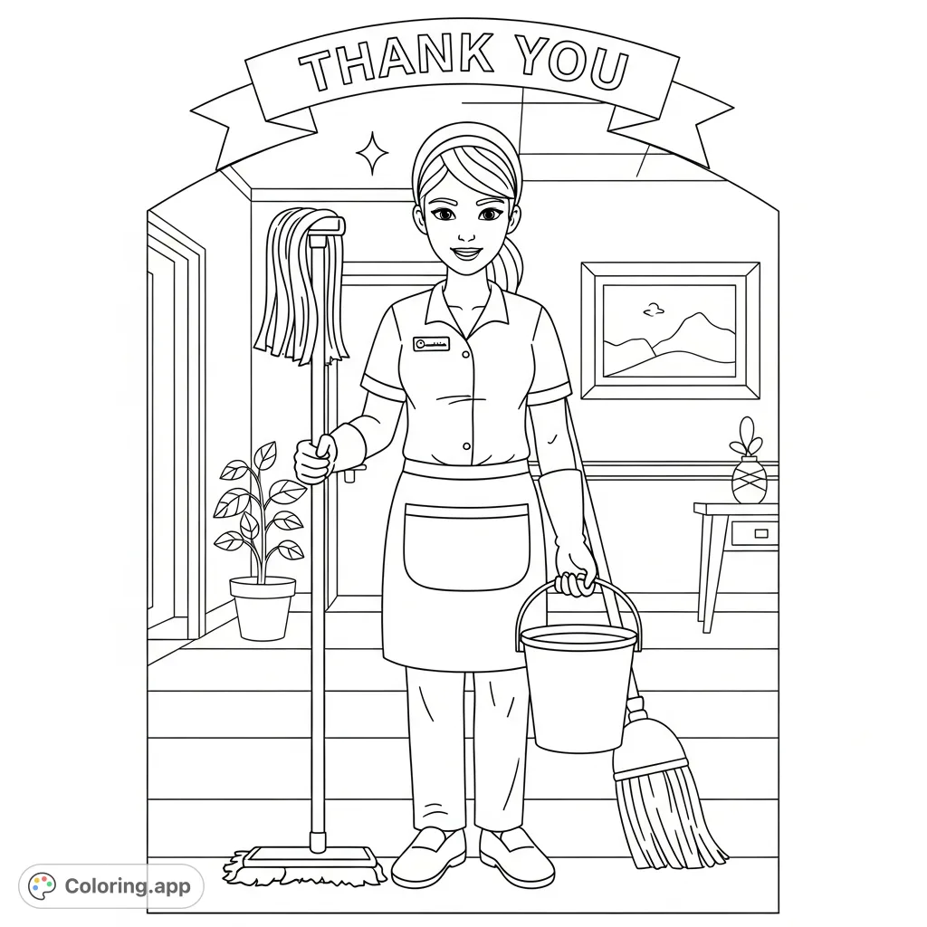 A heartwarming free printable janitor coloring page featuring a smiling female janitor with cleaning tools and a "Thank You!" banner. Show your gratitude!