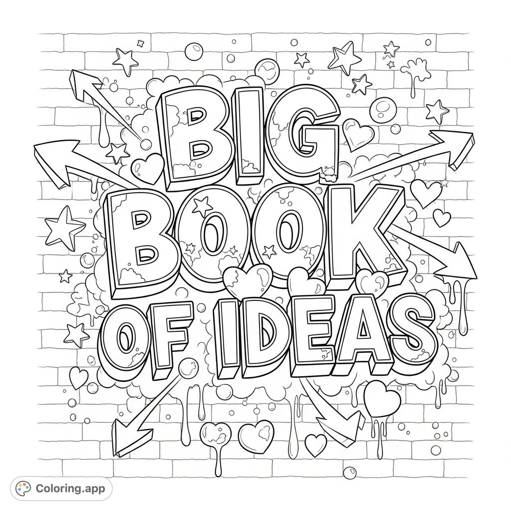 Bold, stylized "BIG BOOK OF IDEAS" graffiti lettering with dynamic shapes, arrows, stars, and drips against a textured brick wall. An energetic scene for creative coloring.