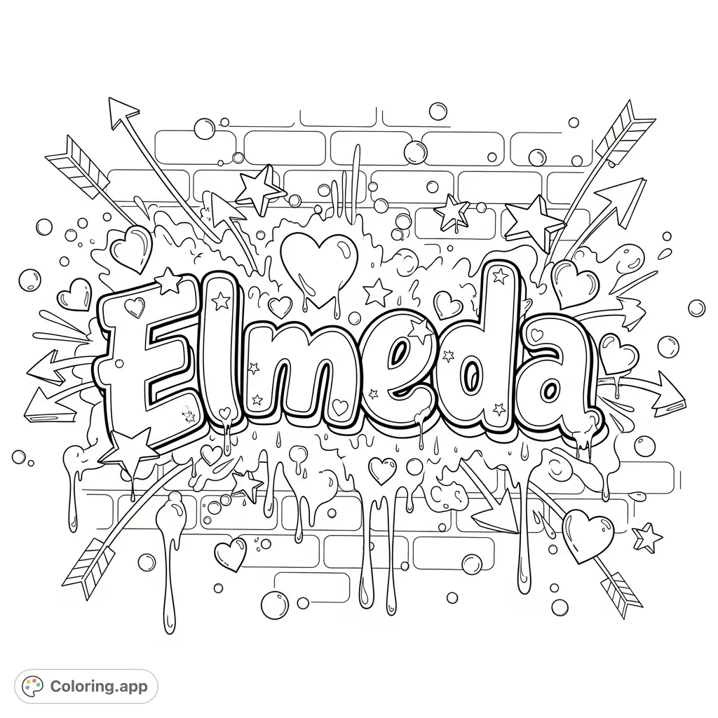 Unleash your creativity with this dynamic Elmeda graffiti art, featuring bold letters, expressive drips, stars, hearts, and a textured brick background.