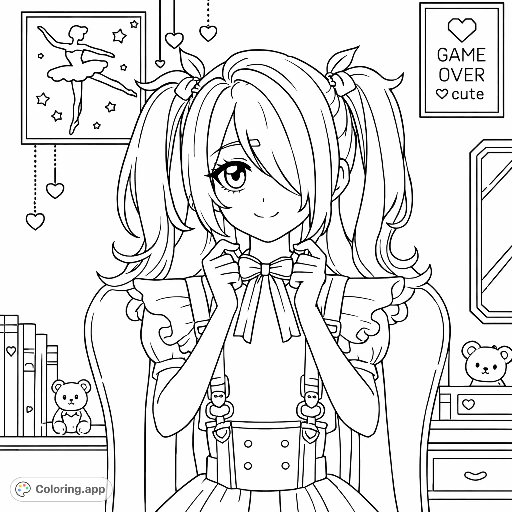 A charming anime-style girl with pigtails in a delightful room setting, surrounded by whimsical decor and playful stuffed animals. Perfect for creative expression.