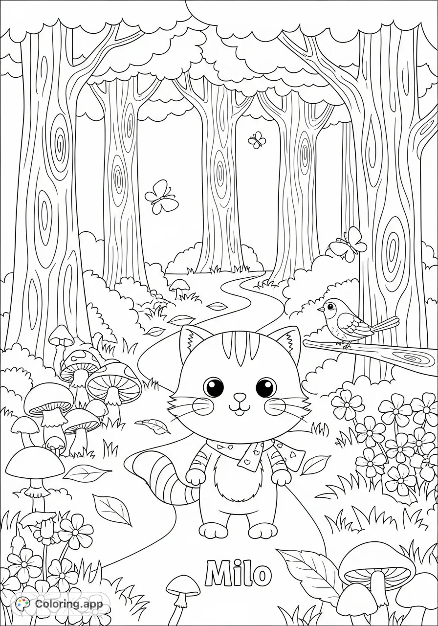 A charming Milo the kitten explores a cozy forest path, surrounded by tall trees, mushrooms, a friendly bird, and delicate butterflies. A delightful scene for young colorists.
