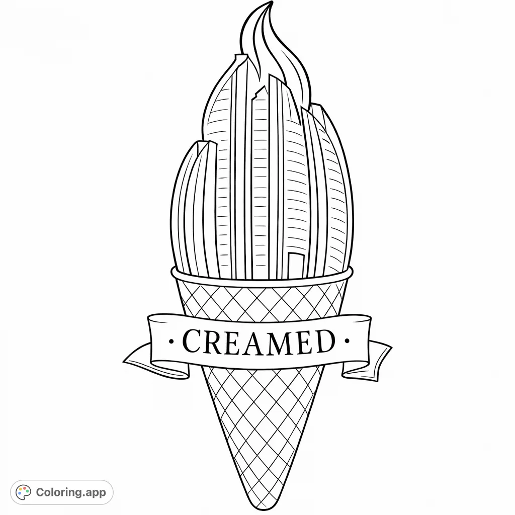 A unique coloring page featuring an ice cream cone with dessert scoops shaped like tall city skyscrapers, topped with a swirl and a banner.