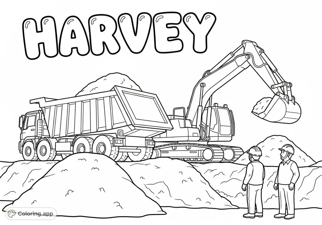 Explore a lively construction site featuring a dump truck, digger, and two workers with 'Harvey' in bubble writing. Perfect for aspiring builders!