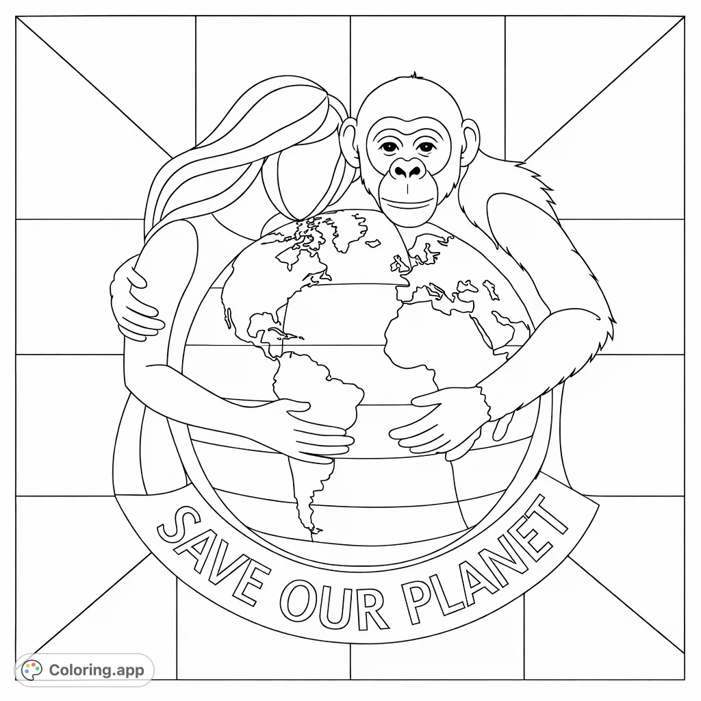 A powerful human and primate duo embrace the Earth, symbolizing environmental protection. Features a heartfelt "SAVE OUR PLANET" message.