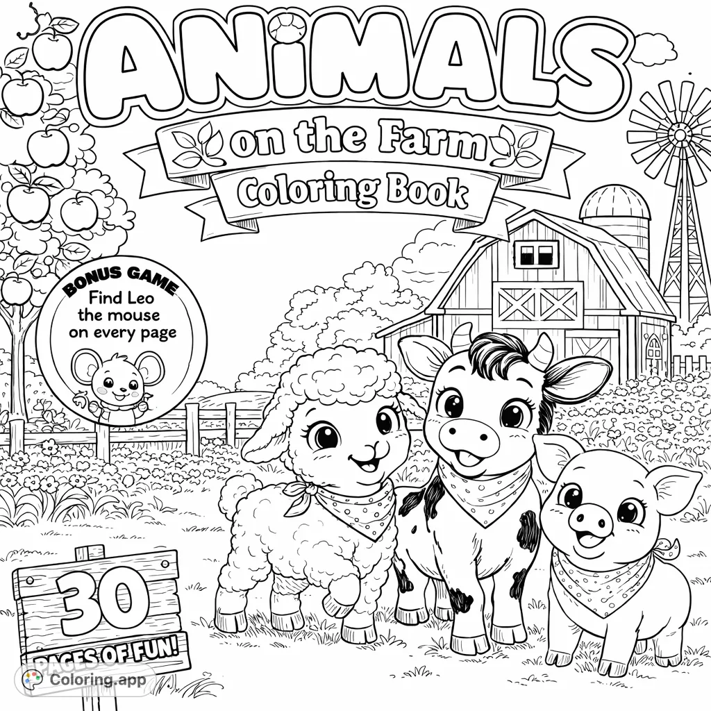 A delightful farm scene featuring a fluffy lamb, a spotted calf, and a playful piglet in a grassy field with a barn and windmill in the background, perfect for young artists.
