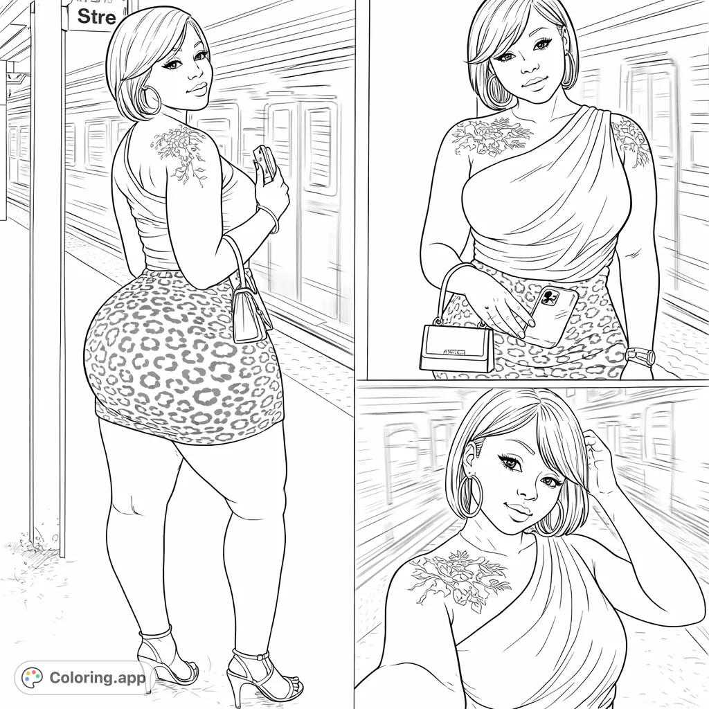 A stylish woman strikes a pose on a subway platform, featuring a spotted skirt, detailed accessories, and an urban background. Perfect for fashion enthusiasts.