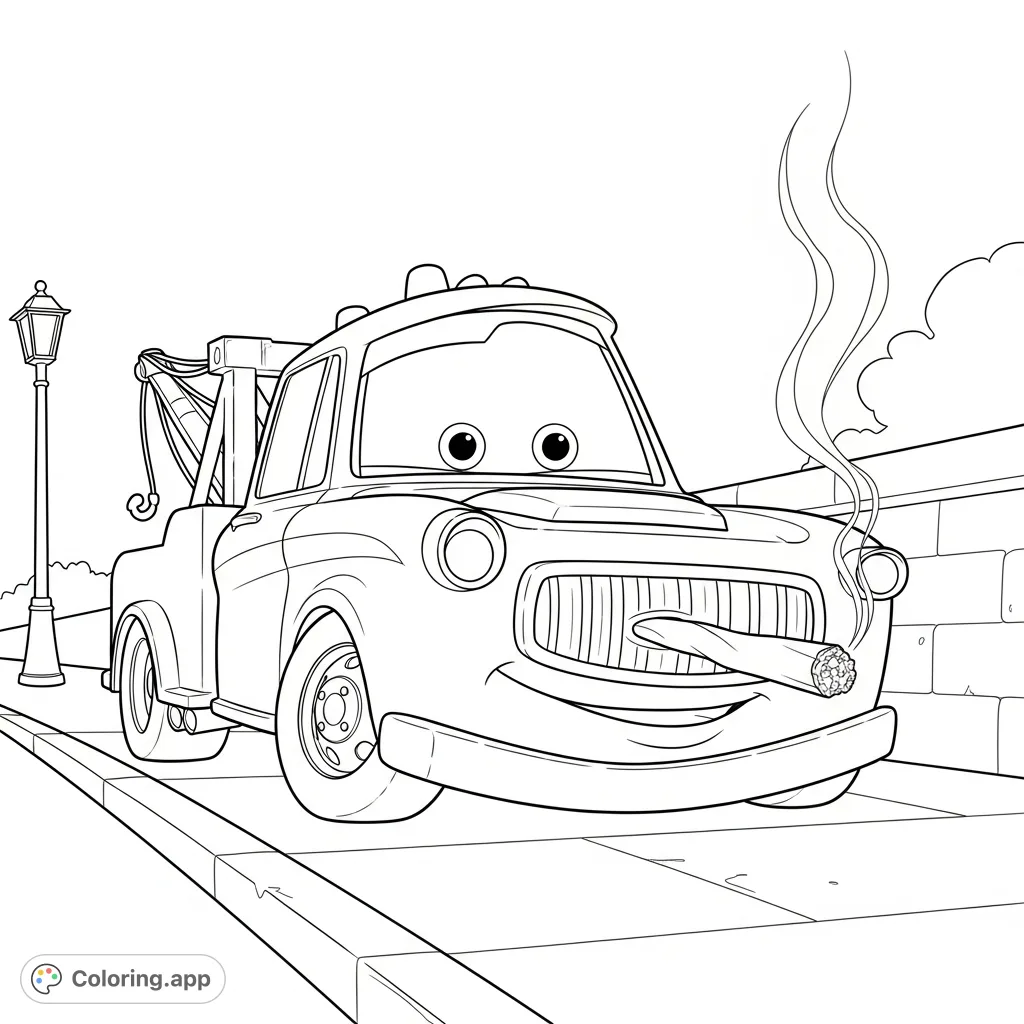 An adult Disney cars coloring page featuring a familiar vehicle in a relaxed pose with smoke, offering a unique and unconventional creative experience.