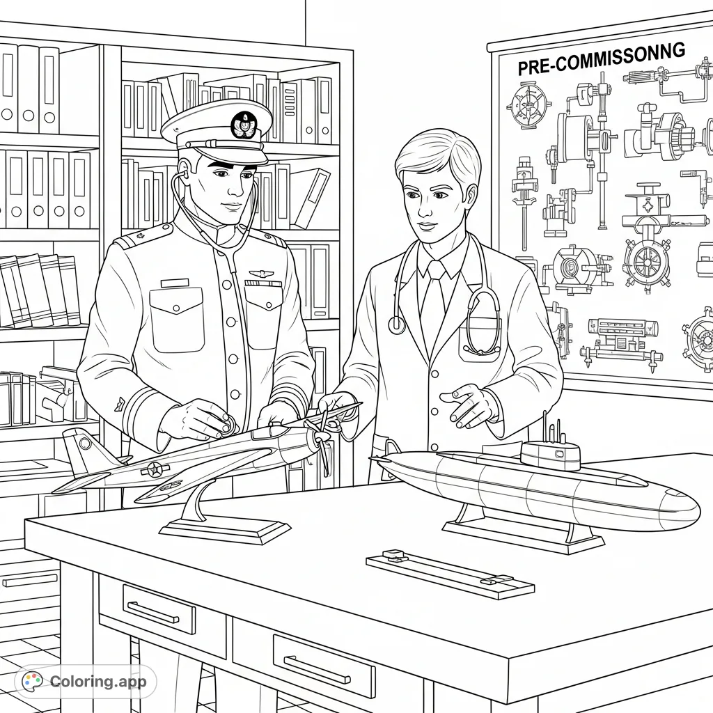 Explore a unique scene featuring a precommissioning officer and a doctor inspecting detailed airplane and submarine models in a technical setting. A perfect free printable coloring page.