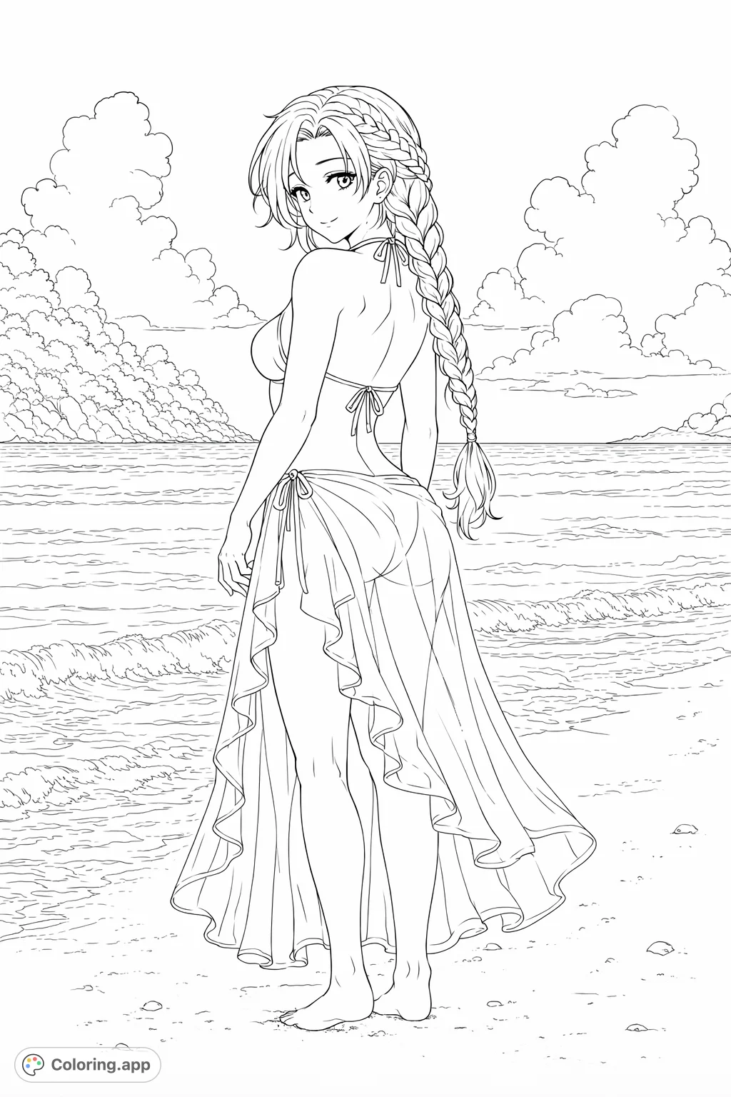 A serene woman enjoys a peaceful moment on a sandy beach, with gentle waves and a flowing sarong. Perfect for relaxation and creative expression.