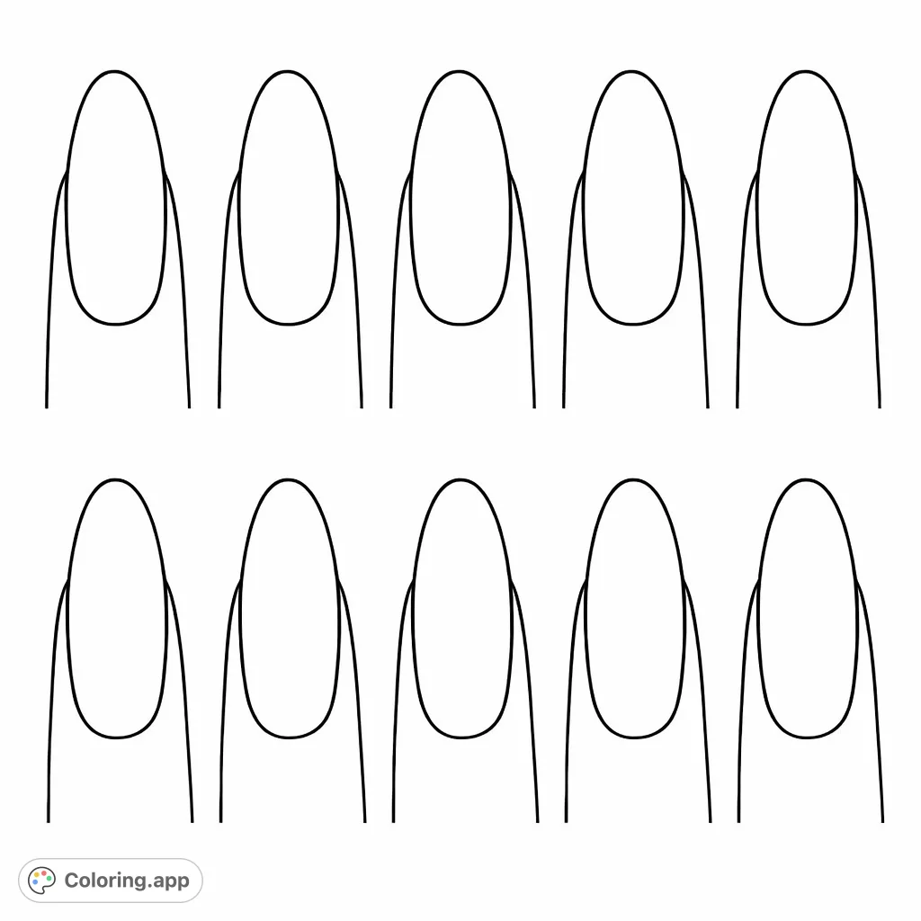 Design your dream manicures! This nail art coloring page features ten blank nail templates for endless creative expressions and intricate patterns.