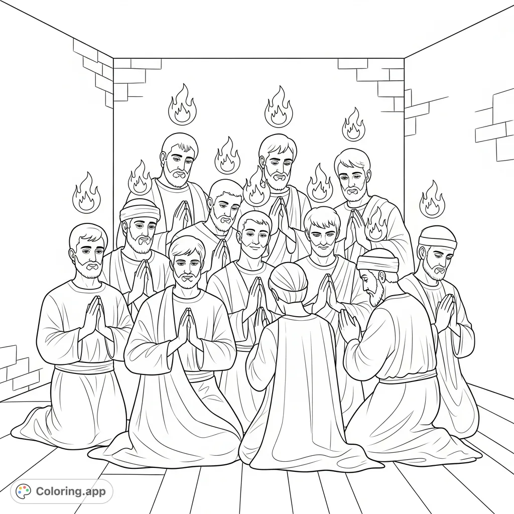 Experience the powerful moment of Pentecost with this free printable 12 disciples coloring page, featuring each disciple in prayer with tongues of fire above them.