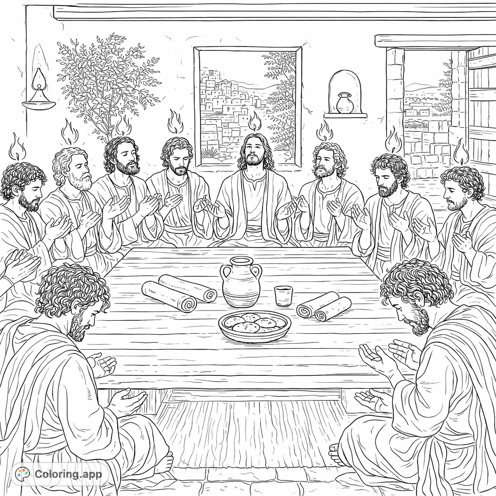 An inspiring Pentecost coloring page depicting eleven disciples gathered, each with a flame above their head, in a rustic setting. Perfect for reflection and creativity.