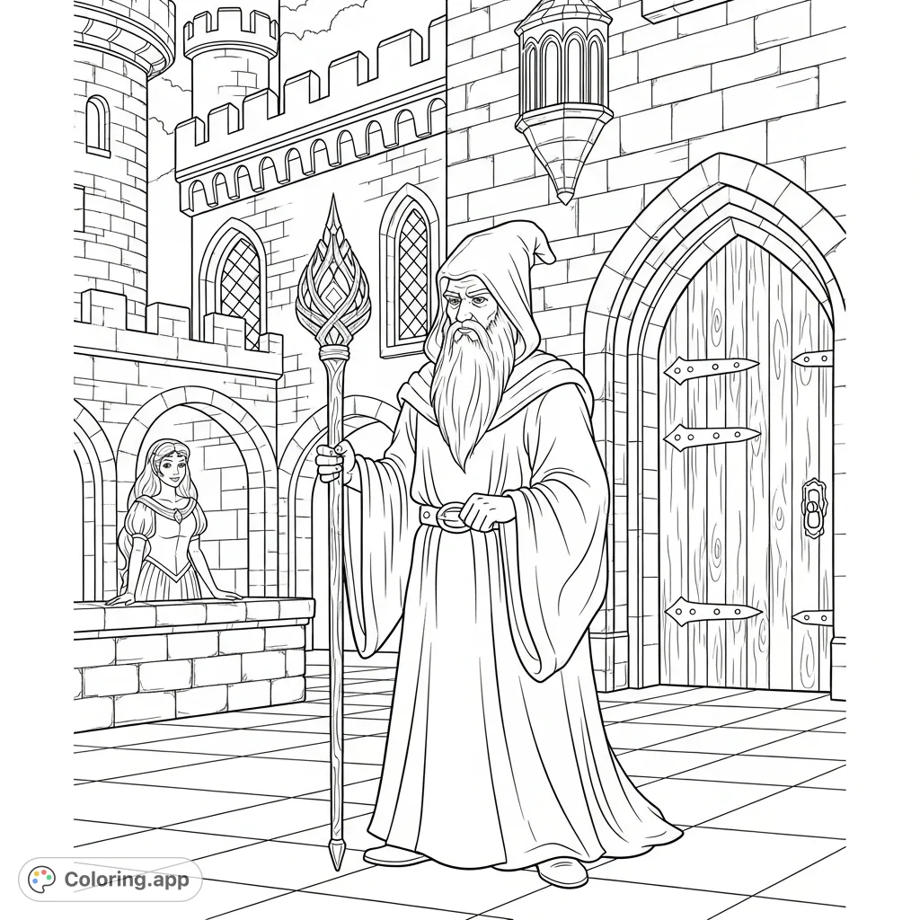A powerful wizard with an enchanted staff meets a graceful princess in a magnificent castle. A magical fantasy scene for imaginative colorists.