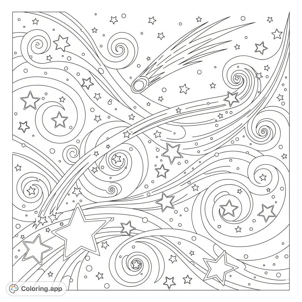 An abstract design featuring elegant swirls, scattered stars, and a dynamic comet with a flowing star trail. A captivating cosmic journey for your creative mind.