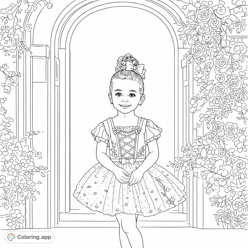 A charming young princess in a detailed costume, standing smiling against a backdrop of flowing floral arrangements and an arched entryway.