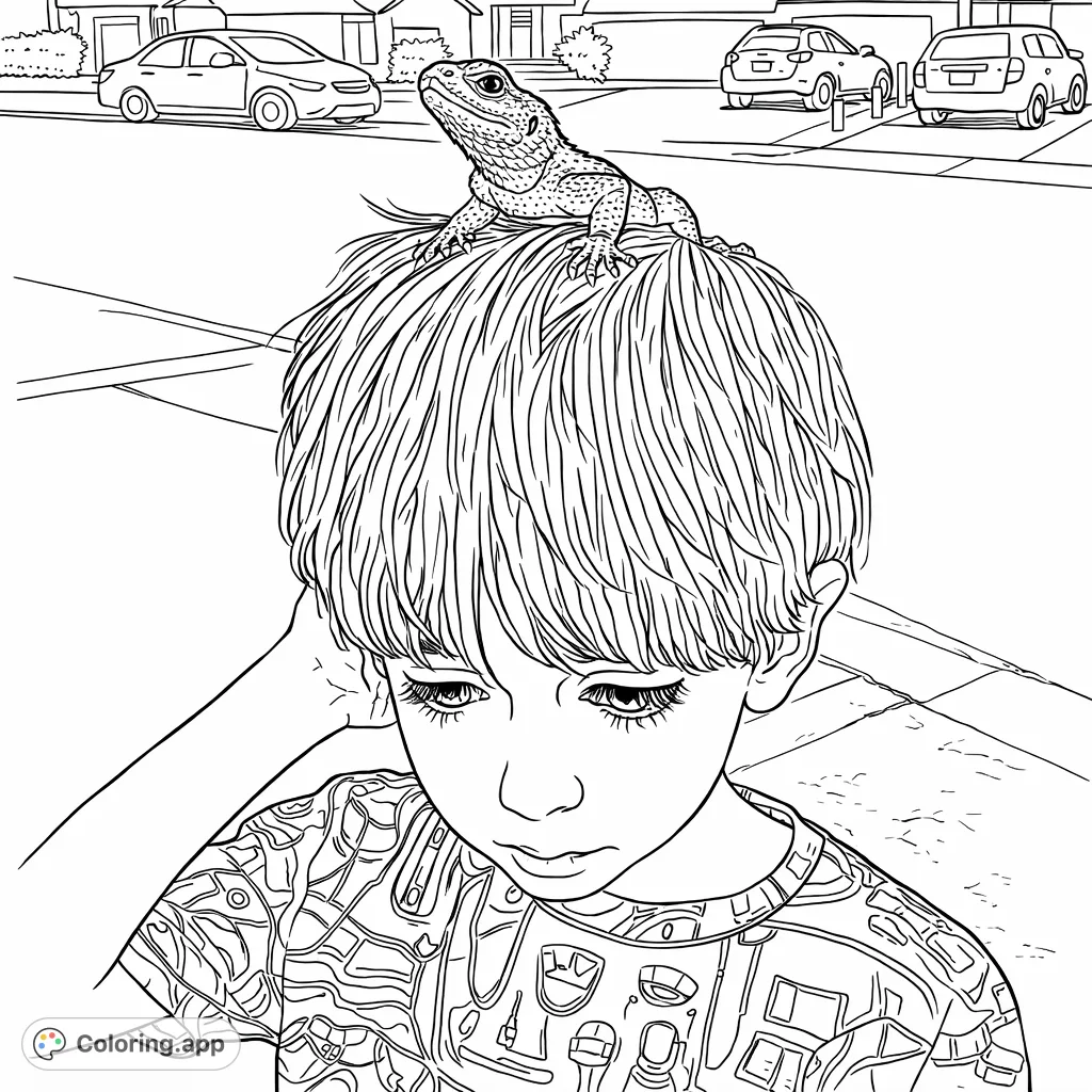 A charming scene featuring a young child with a textured lizard perched playfully on their head, set against a suburban backdrop. Perfect for animal lovers and unique friendships!