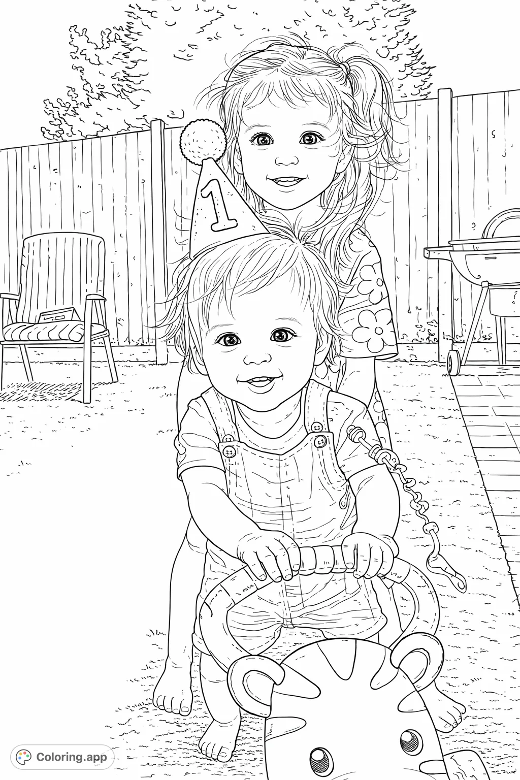 Celebrate a special milestone with two cheerful children. The younger one wears a party hat, holding a zebra walker, while an older sibling offers gentle support.
