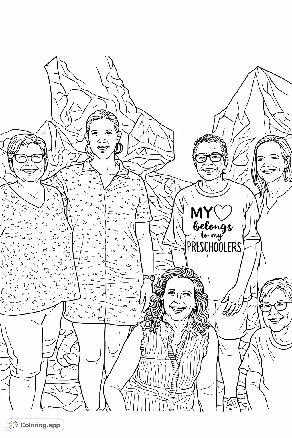 Color a delightful group portrait featuring six smiling individuals with varied hairstyles and patterned clothing against a textured backdrop. Ideal for adults.