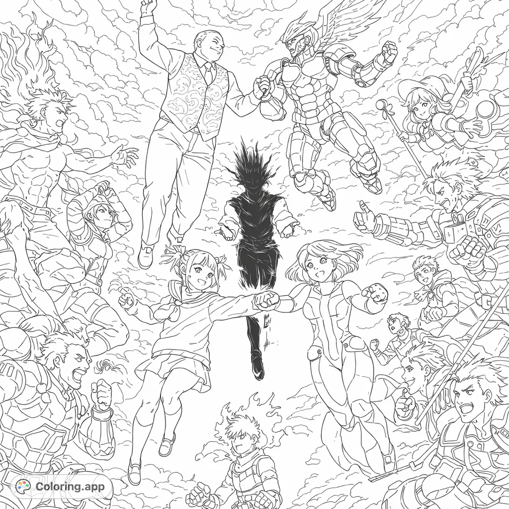 An epic anime battle coloring page featuring an intense clash between iconic heroes and villains. A complex scene for fans of dynamic action.