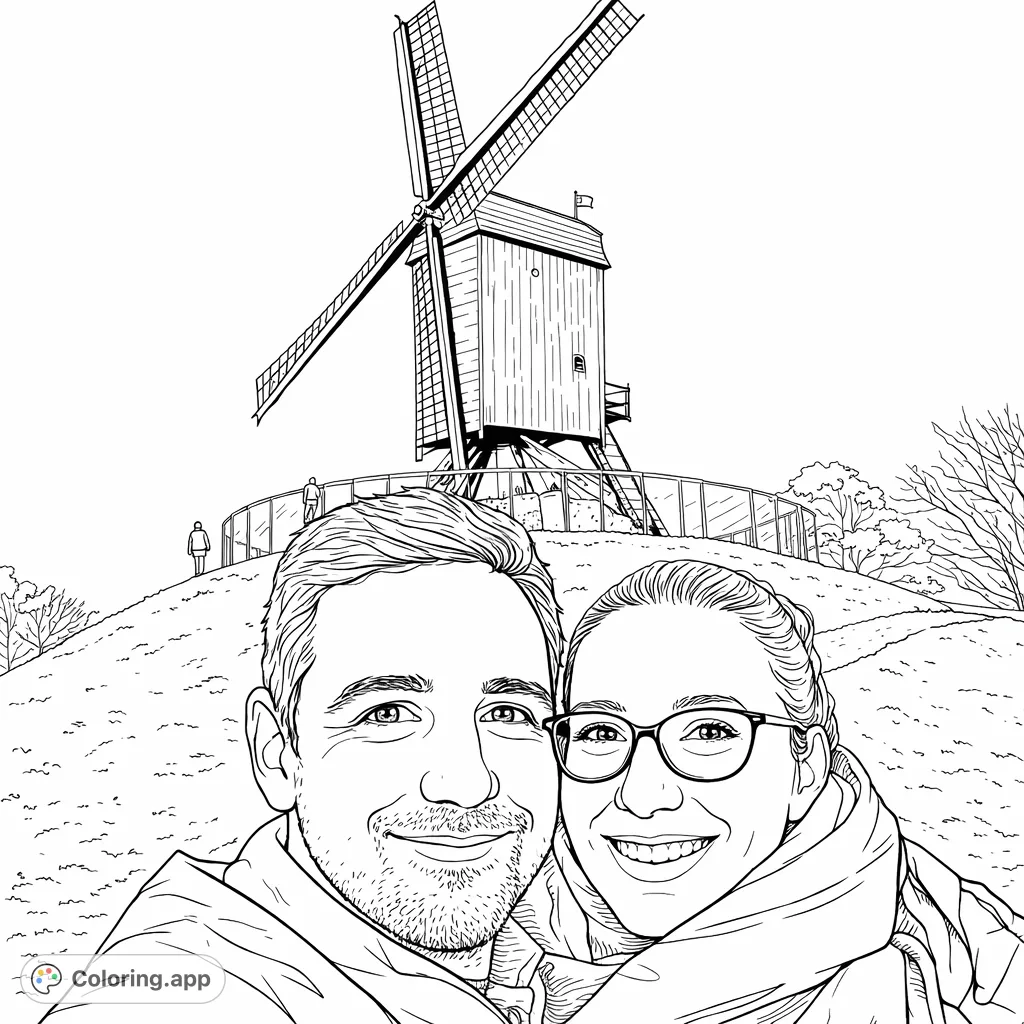 Capture a heartwarming moment with a smiling couple and a classic windmill on a grassy hill. A charming scene for any coloring enthusiast to bring to life.