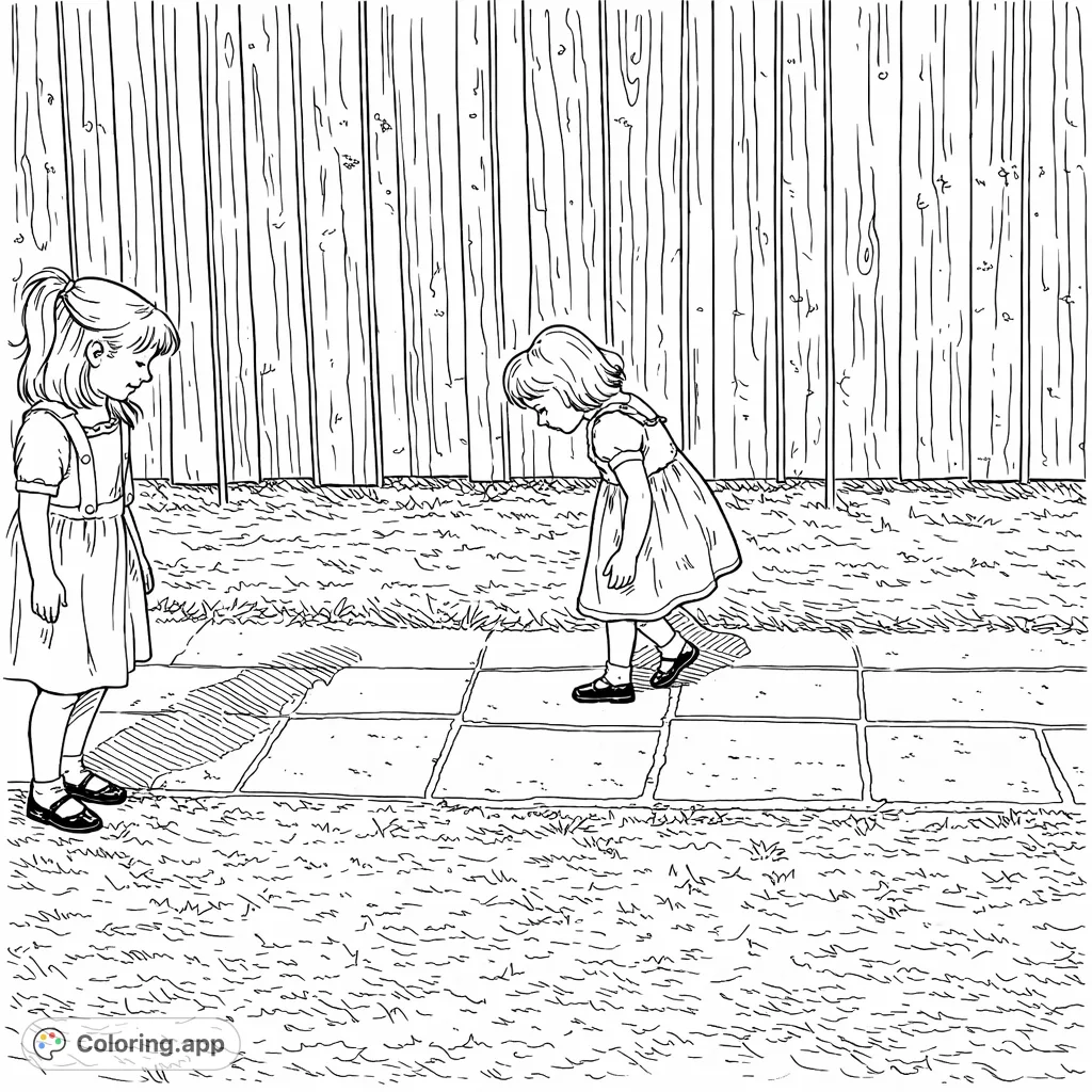 Two children enjoy a classic game of hopscotch in a charming backyard setting. A delightful coloring page capturing a moment of playful activity.