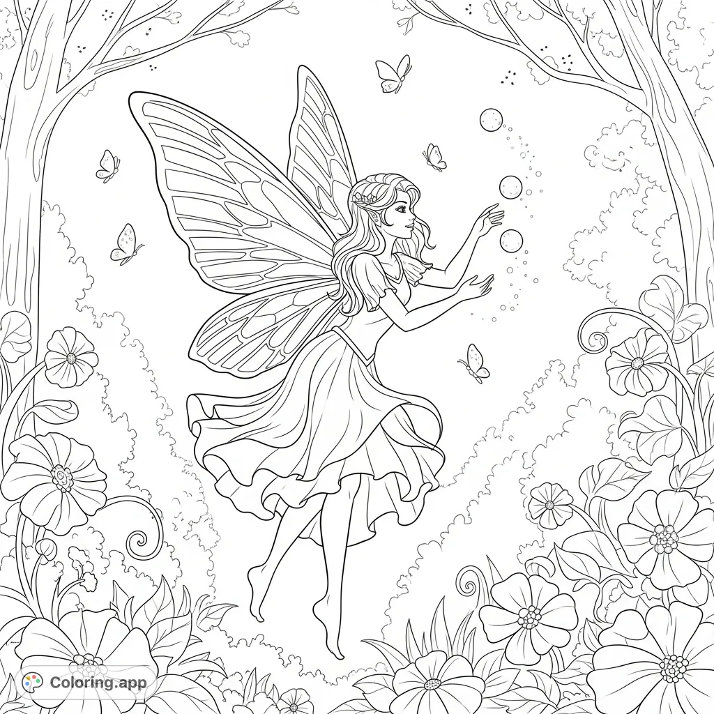 A whimsical fairy with delicate, patterned wings playfully soars, tossing glowing orbs in an enchanted garden. A magical fairy coloring page.