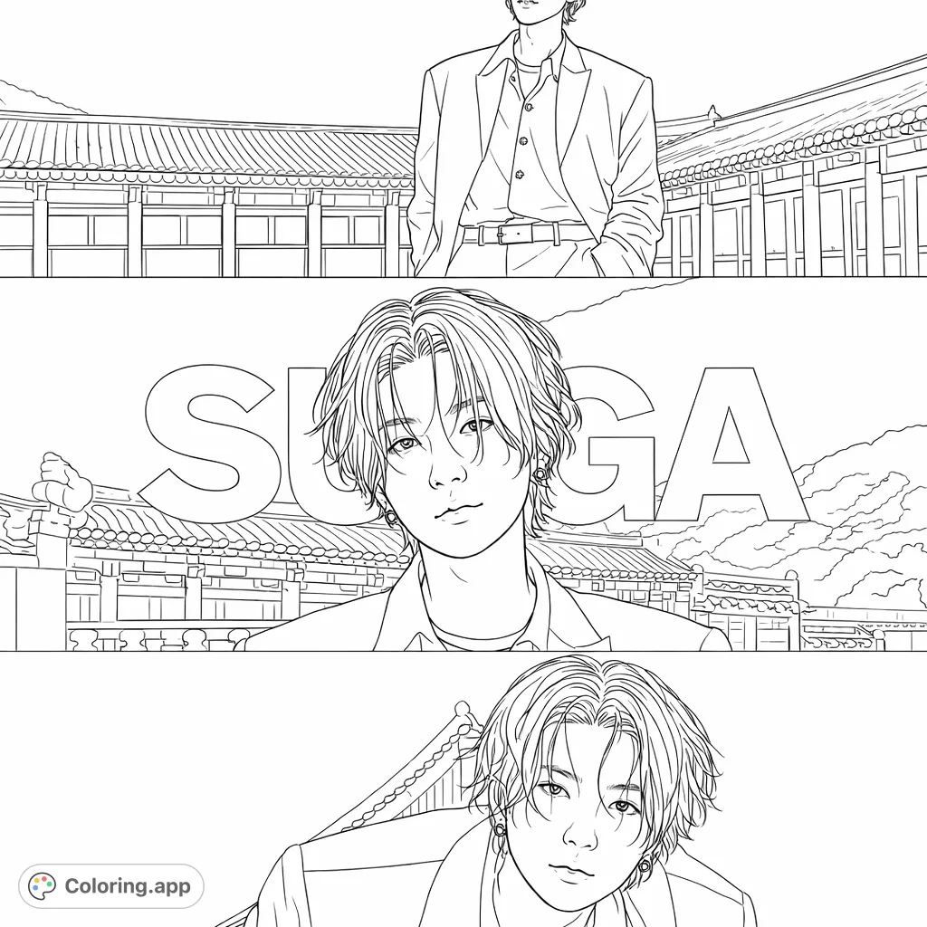 Color a striking K-pop idol portrait, featuring a male figure against a backdrop of traditional East Asian architecture, perfect for fans and artists.