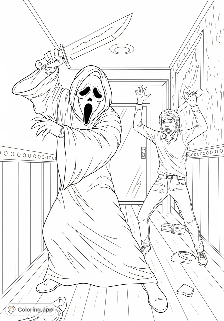 Experience the terror of Scream with Ghostface in an intense attack scene. Perfect for horror fans seeking a thrilling and detailed coloring challenge.